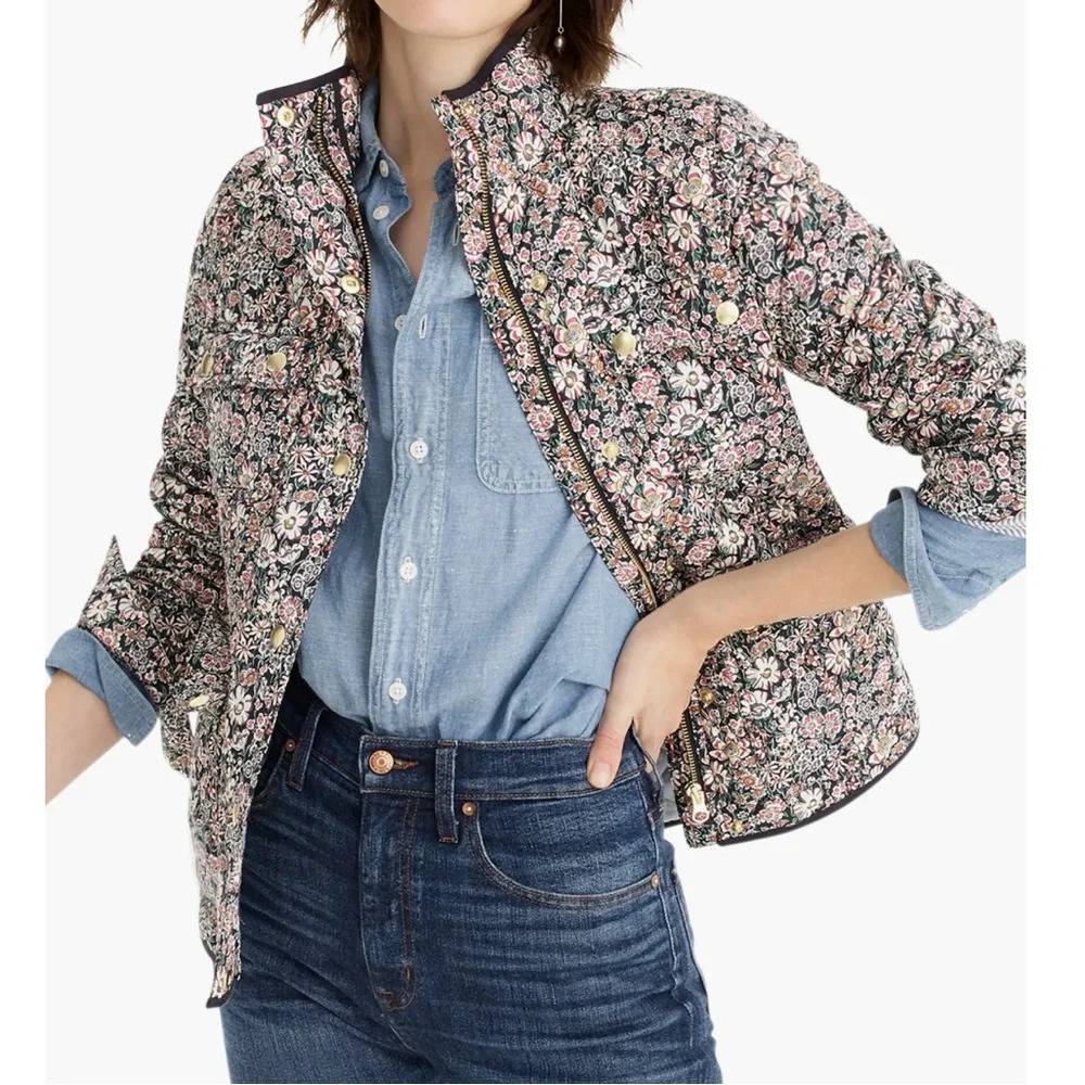 J. Crew Floral Quilted Utility Jacket in Black & Pink